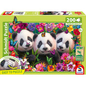 Schmidt Puzzle Panda trio 200 db-os kirakó dobozképe, három pandabocs virágok és színes pillangók között, 8+ jelöléssel.