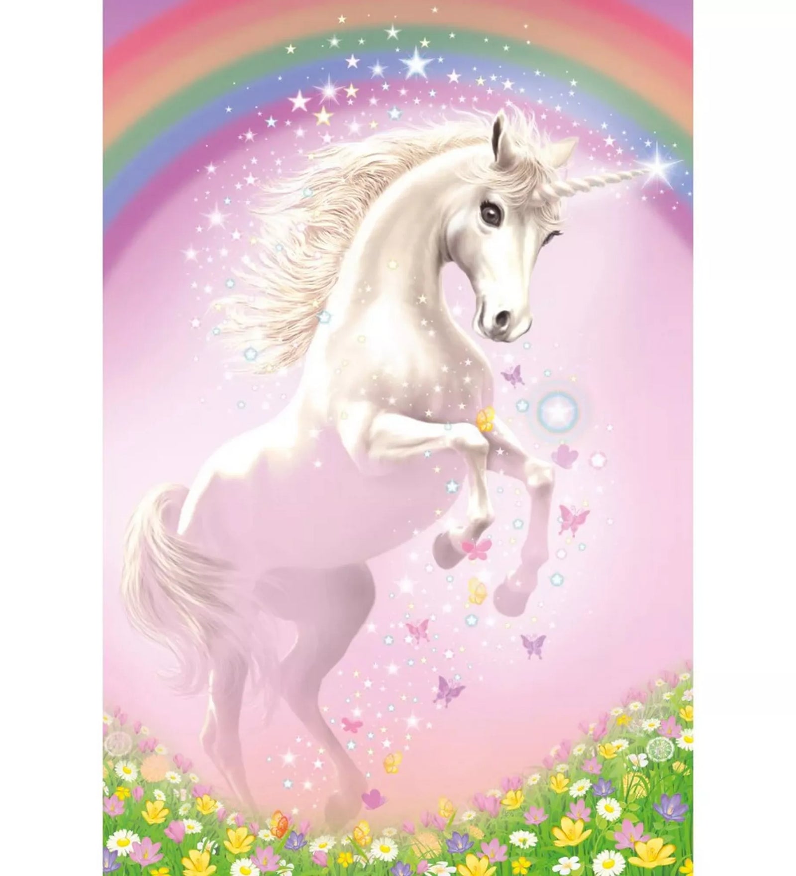 Unicorn rózsaszín 150 darabos Schmidt puzzle illusztráció, fehér unikornis szivárvány előtt, virágos réten, csillagokkal és pillangókkal, mesés és varázslatos stílusban.