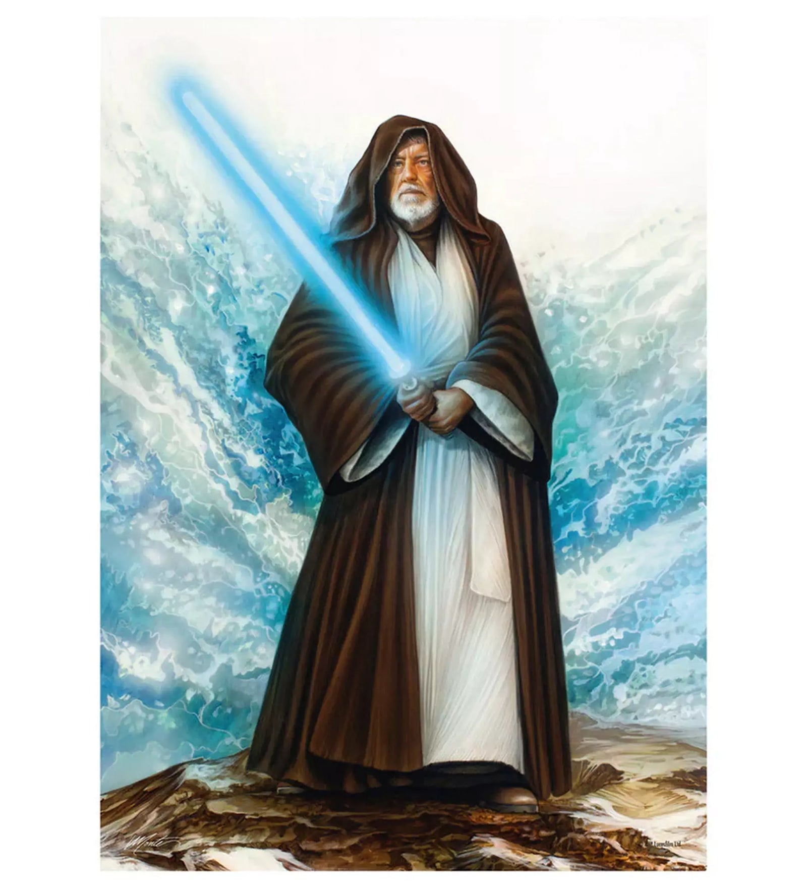 A Schmidt Puzzle Star Wars: Jedi Mester 1000 darabos kirakó teljes képe, amelyen Obi-Wan Kenobi áll fénykardjával, háttérben viharos égbolttal és hullámokkal.