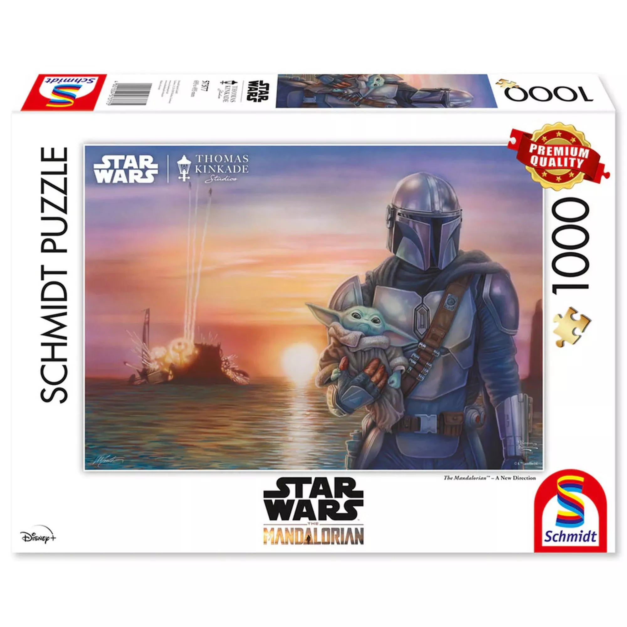 Schmidt Puzzle Thomas Kinkade Star Wars The Mandalorian dobozkép, 1000 darabos kirakó prémium minőségben, Din Djarin és Grogu (Baby Yoda) naplementében, Star Wars logóval.