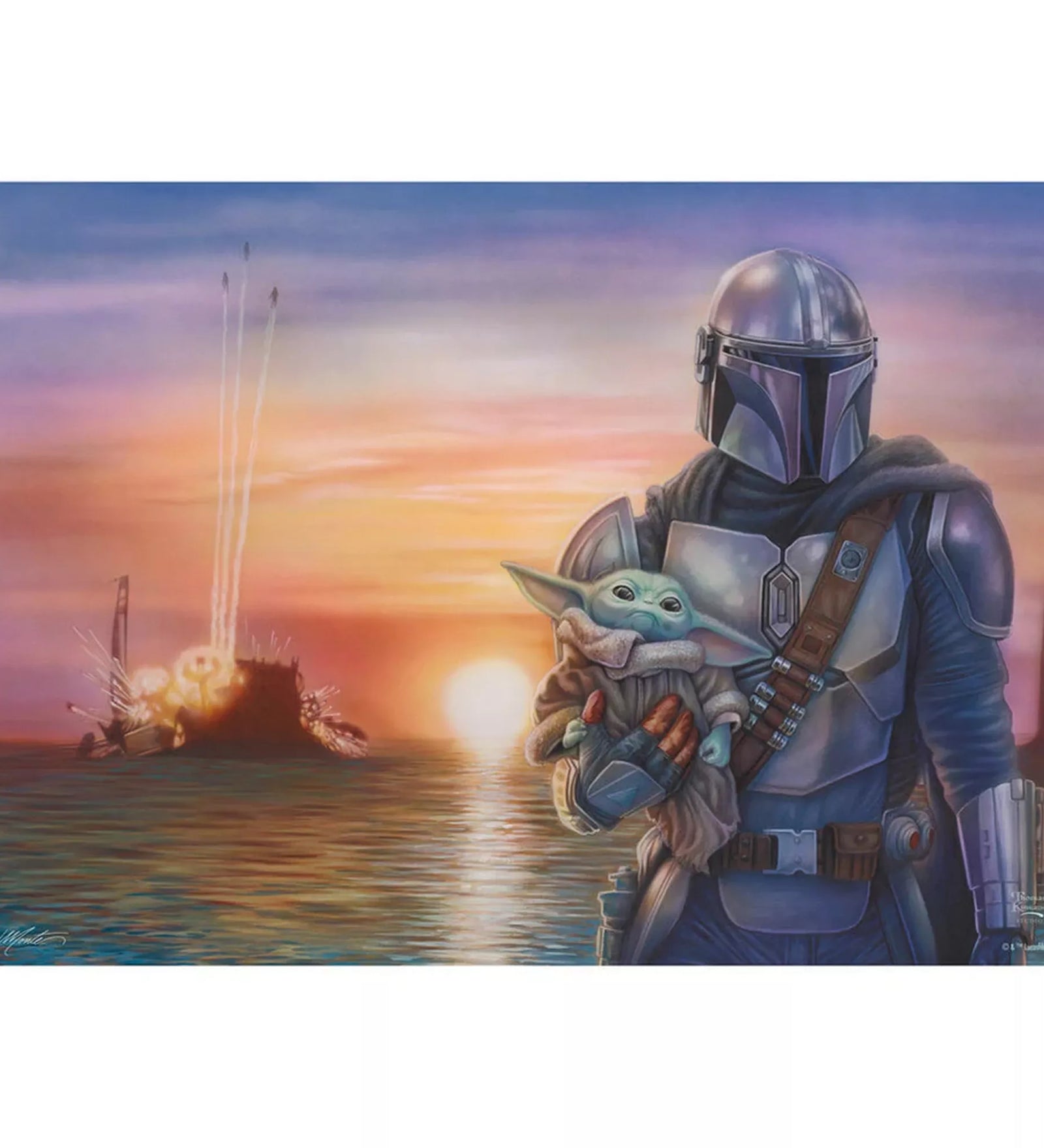 Thomas Kinkade stílusú Star Wars The Mandalorian puzzle illusztráció, Din Djarin karjában Groguval, tengerparti naplemente háttérrel, részletgazdag, festményszerű ábrázolás.