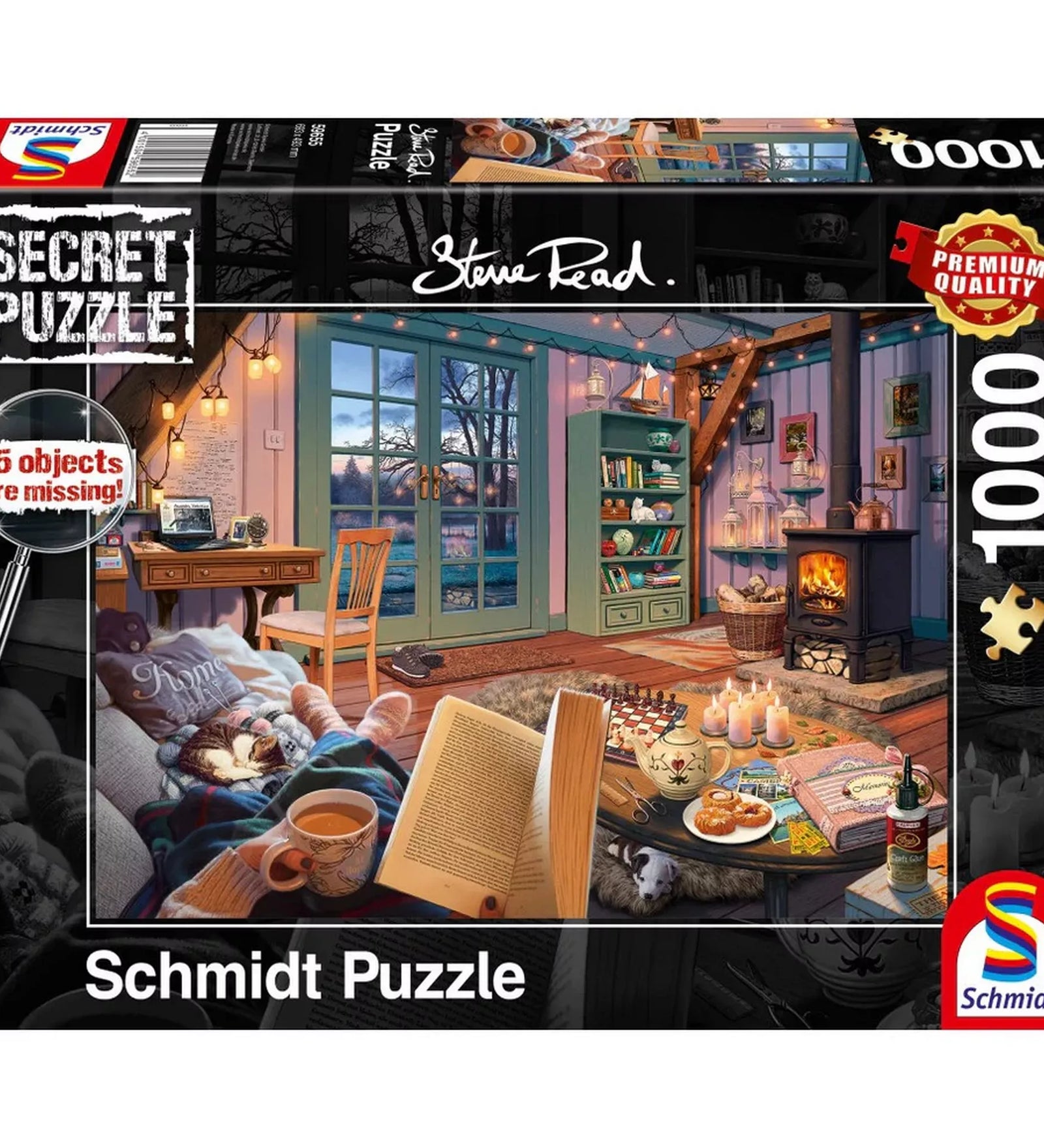 Schmidt Puzzle Steve Read Secret Puzzles In casa de vacanță 1000 darabos puzzle dobozkép, meghitt téli enteriőrrel és „15 objects are missing” kihívással