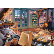 Schmidt Secret Puzzles In casa de vacanță puzzle illusztráció, kandallós nappali, könyvolvasás, tea, gyertyák és meghitt téli hangulat, 15 hiányzó tárgy kihívással