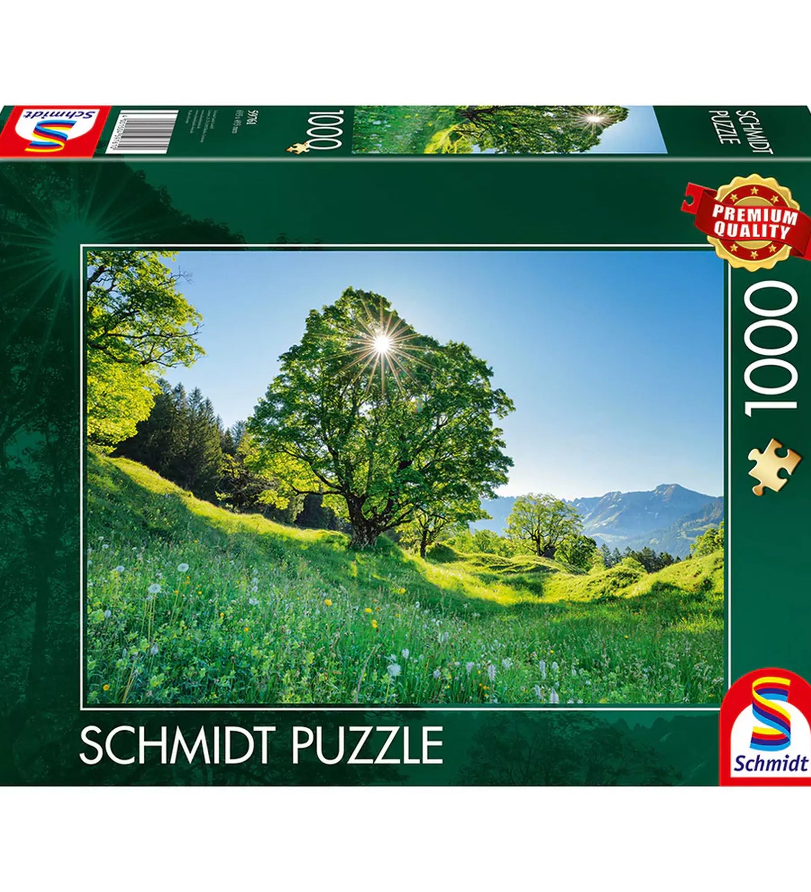 Puzzle Schmidt Sycamore maple in the sunlight St. Gallen Switzerland doboza, 1000 darabos prémium kirakó napfényben fürdő juharfával és alpesi tájjal.