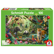 Puzzle Schmidt: Színes dzsungel doboza, 100 darabos kirakó élénk trópusi állatokkal és buja növényzettel.