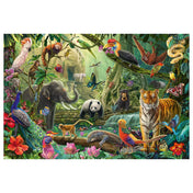 Puzzle Schmidt: Színes dzsungel kirakó teljes képe, dzsungelben élő állatokkal, például tigrissel, pandával, elefánttal és színes madarakkal.