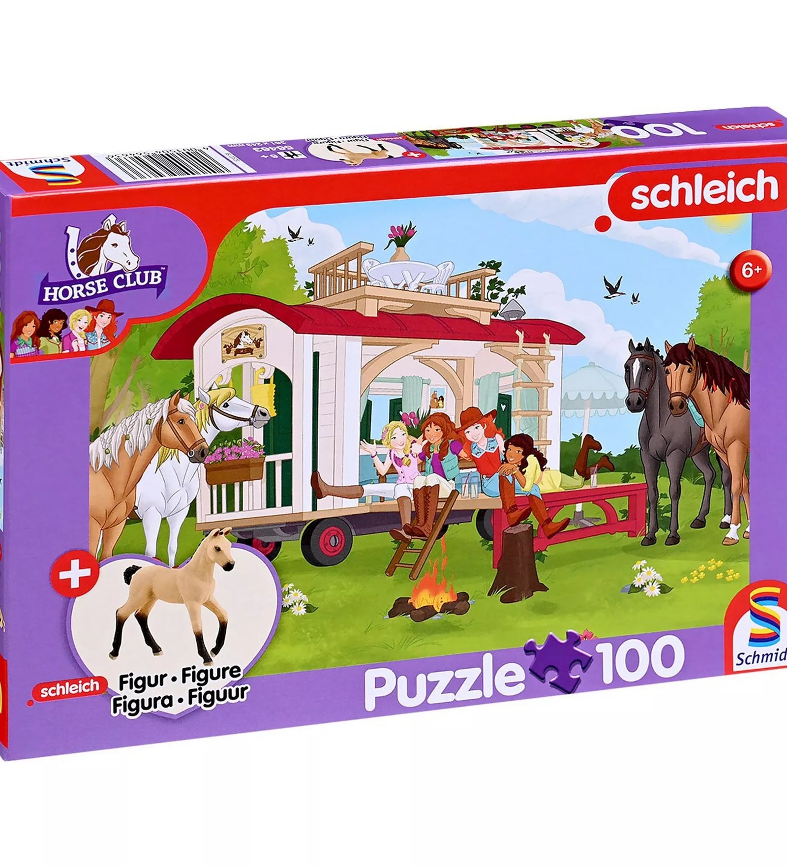 Schleich Horse Club 100 darabos puzzle doboza, lovas jelenet lakókocsival és tábortűzzel, ajándék csikó figurával, 6 éves kortól.