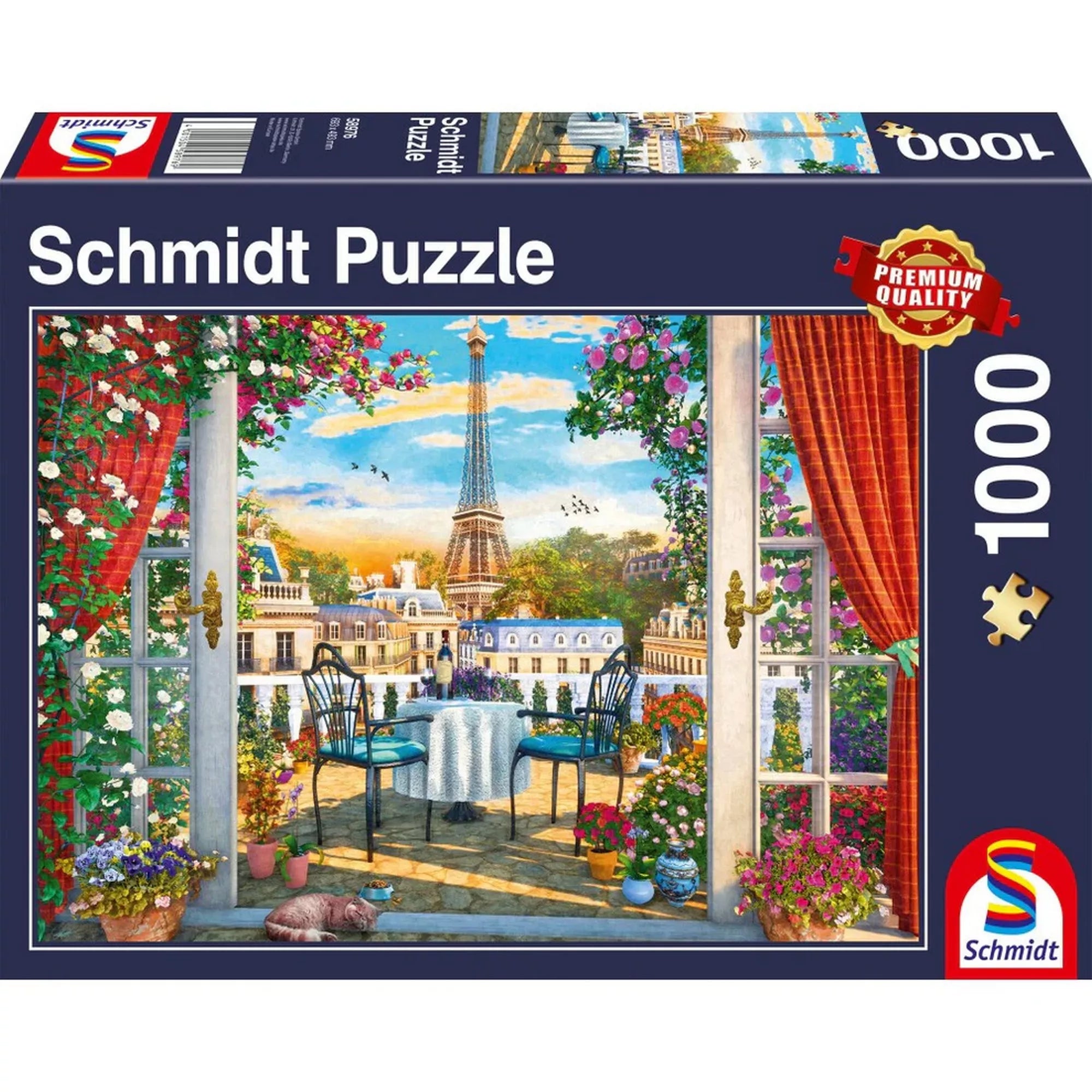 Schmidt Puzzle Egy terasz Párizsban dobozkép, 1000 darabos prémium puzzle, párizsi terasz asztallal és székekkel, virágos ablakkerettel és az Eiffel-torony látványával.