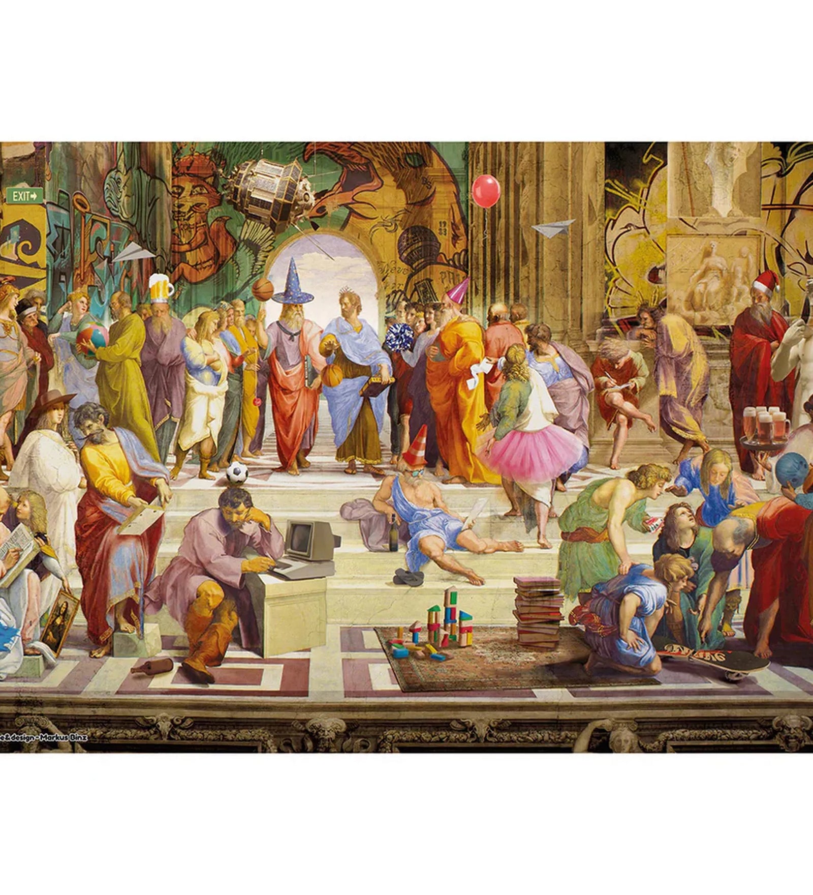 The School of Athens modern újraértelmezése Markus Binz Art & Fun stílusban, 1000 darabos Schmidt puzzle illusztráció, klasszikus filozófusok kortárs elemekkel és gazdag részletekkel.