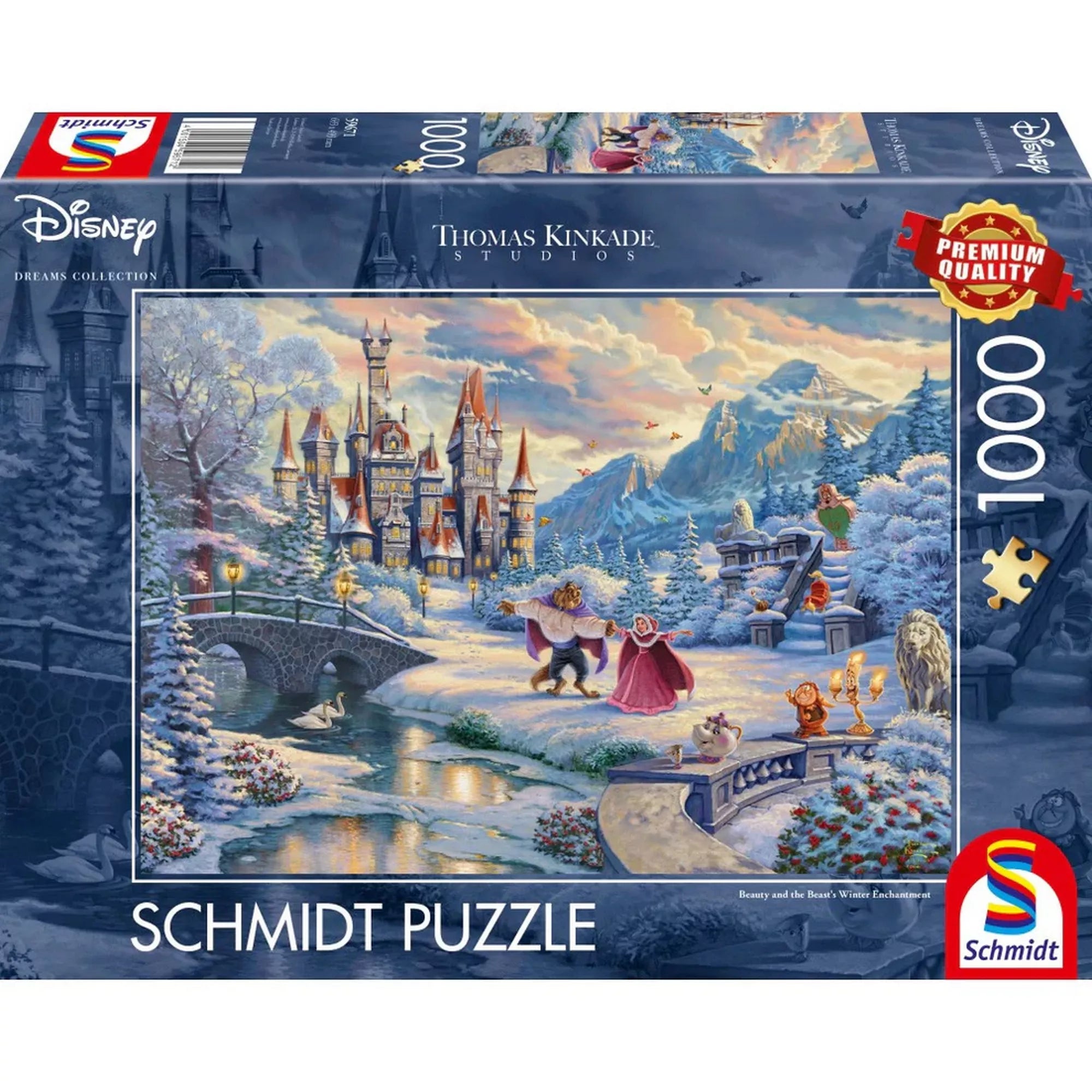 „Schmidt Disney Thomas Kinkade 1000 darabos puzzle doboza, A szépség és a szörnyeteg téli jelenetével, részletgazdag illusztrációval.”