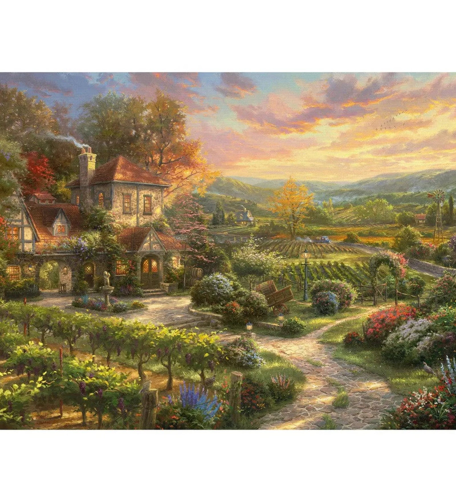 Schmidt Puzzle – Thomas Kinkade: Wine Country Living festményrészlete, idilli vidéki házzal, virágos kerttel és naplementében ragyogó szőlős tájjal.