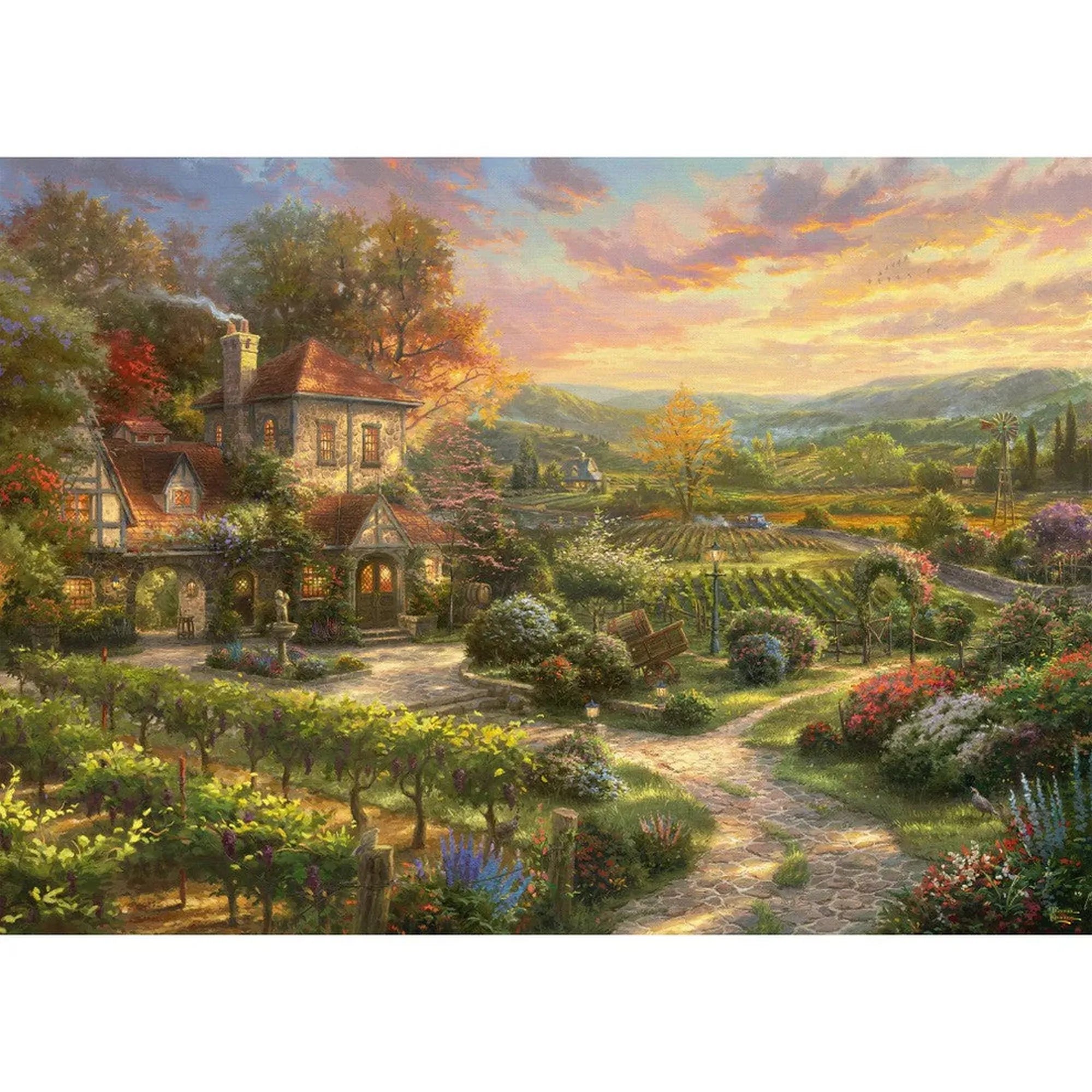 Schmidt Puzzle – Thomas Kinkade: Wine Country Living festményrészlete, idilli vidéki házzal, virágos kerttel és naplementében ragyogó szőlős tájjal.
