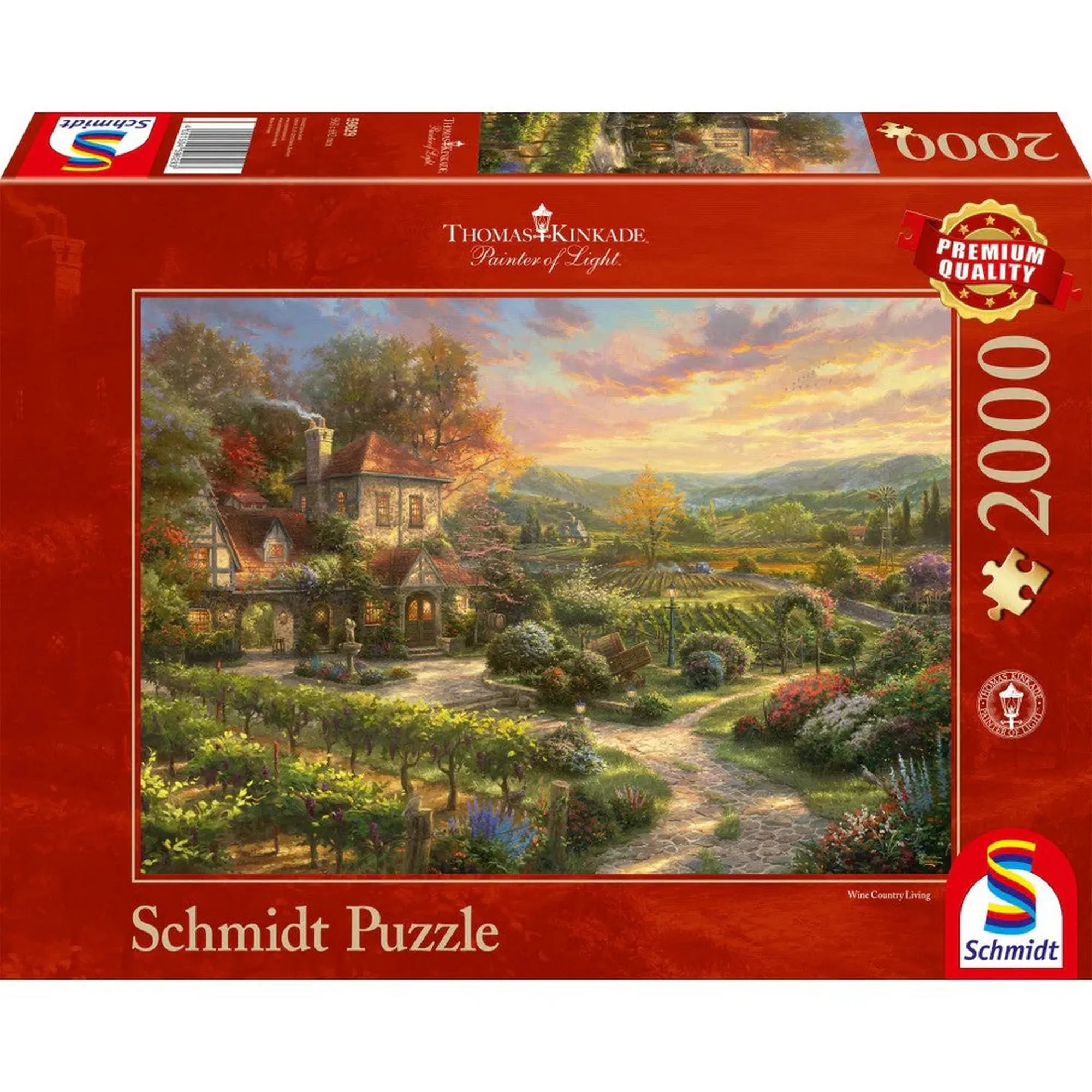 Schmidt Puzzle – Thomas Kinkade: Wine Country Living 2000 darabos kirakó doboza, rajta napfényben úszó vidéki ház és szőlőskert festménye.