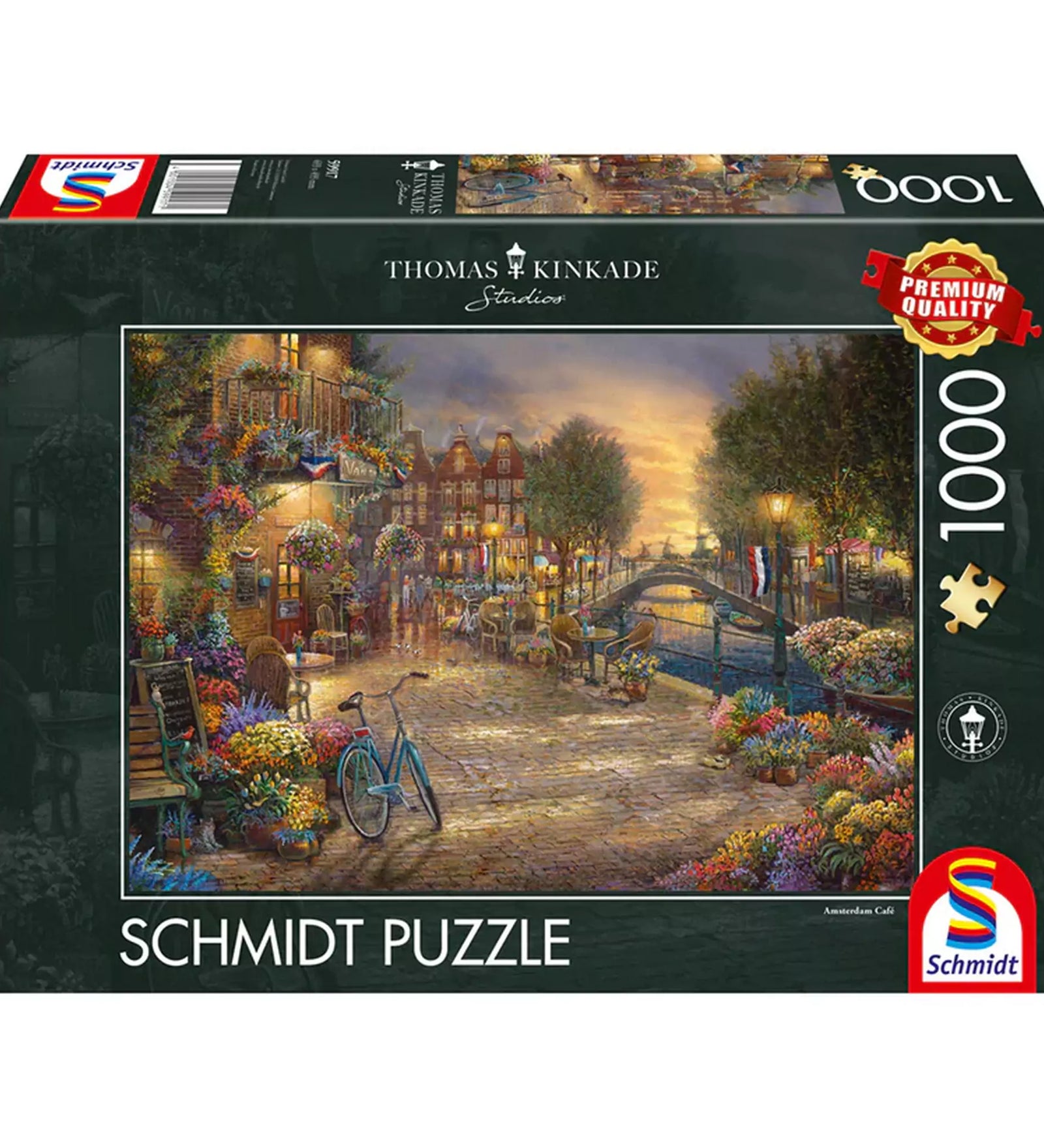 „Puzzle Schmidt: Thomas Kinkade – Amszterdam, 1000 darabos dobozos kirakó, a festmény romantikus városképet ábrázol csatornával és virágokkal.”