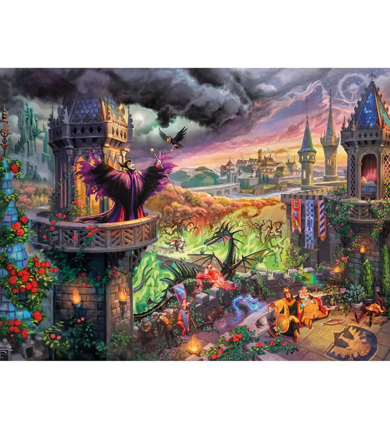 Puzzle Schmidt Disney Thomas Kinkade Studios, Maleficent – részletgazdag, festői ábrázolás a híres Disney-mese csúcspontjáról, ahol Demóna gonosz varázslatot szór, miközben Sárkány alakjában harcol a bátor lovagokkal a kastély udvarán.