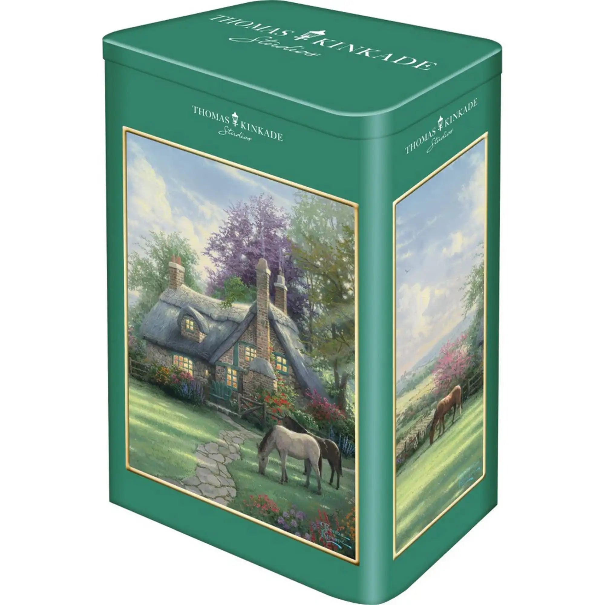 Puzzle Schmidt: Thomas Kinkade, Egy tökéletes nyári nap, 500 darabos puzzle fémdoboza, amely a festői vidéki házat, virágos kertet és legelésző lovakat ábrázoló Thomas Kinkade grafikával díszített.