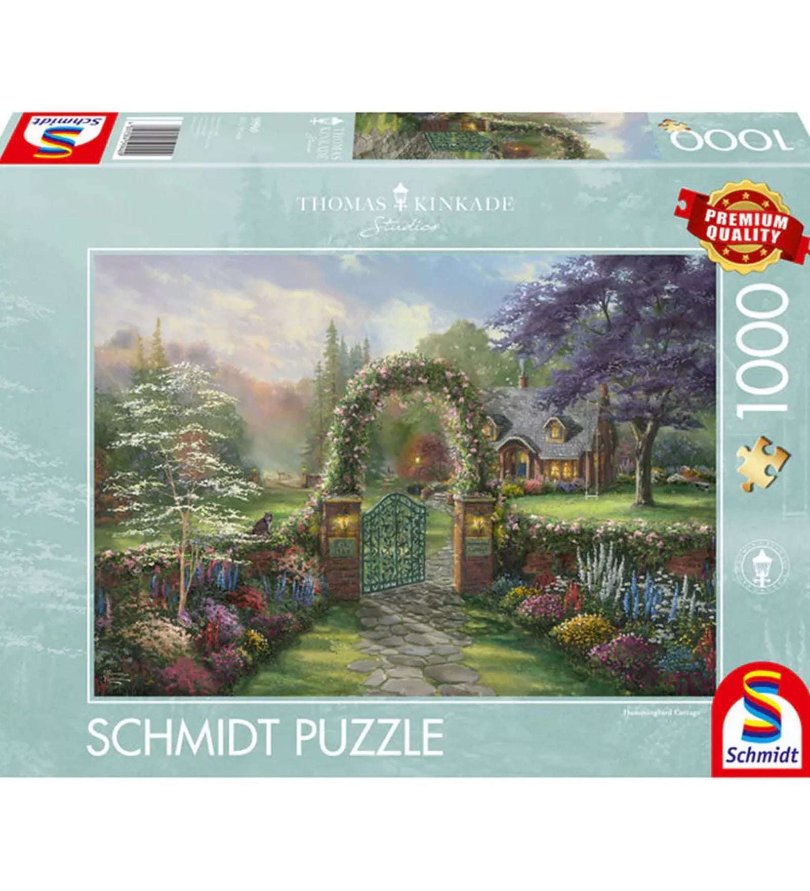 Schmidt Puzzle Thomas Kinkade Hummingbird Cottage dobozkép, 1000 darabos prémium puzzle, virágos kerttel, boltíves kapuval és meghitt vidéki házzal, Thomas Kinkade Studios illusztrációval.