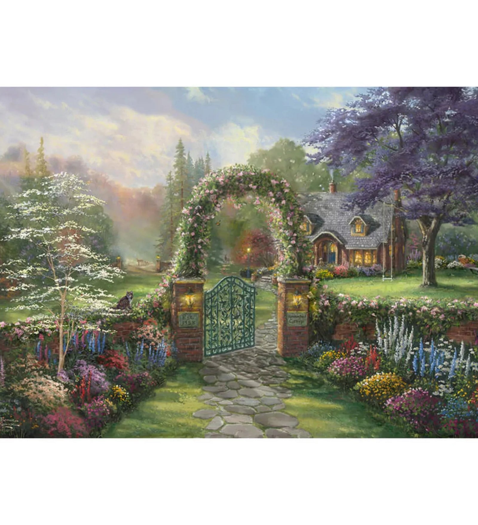 Thomas Kinkade Hummingbird Cottage puzzle illusztráció, idilli kertkapu virágos boltívvel, kanyargó kőösvénnyel és barátságos vidéki házzal, festményszerű, részletgazdag tájkép.