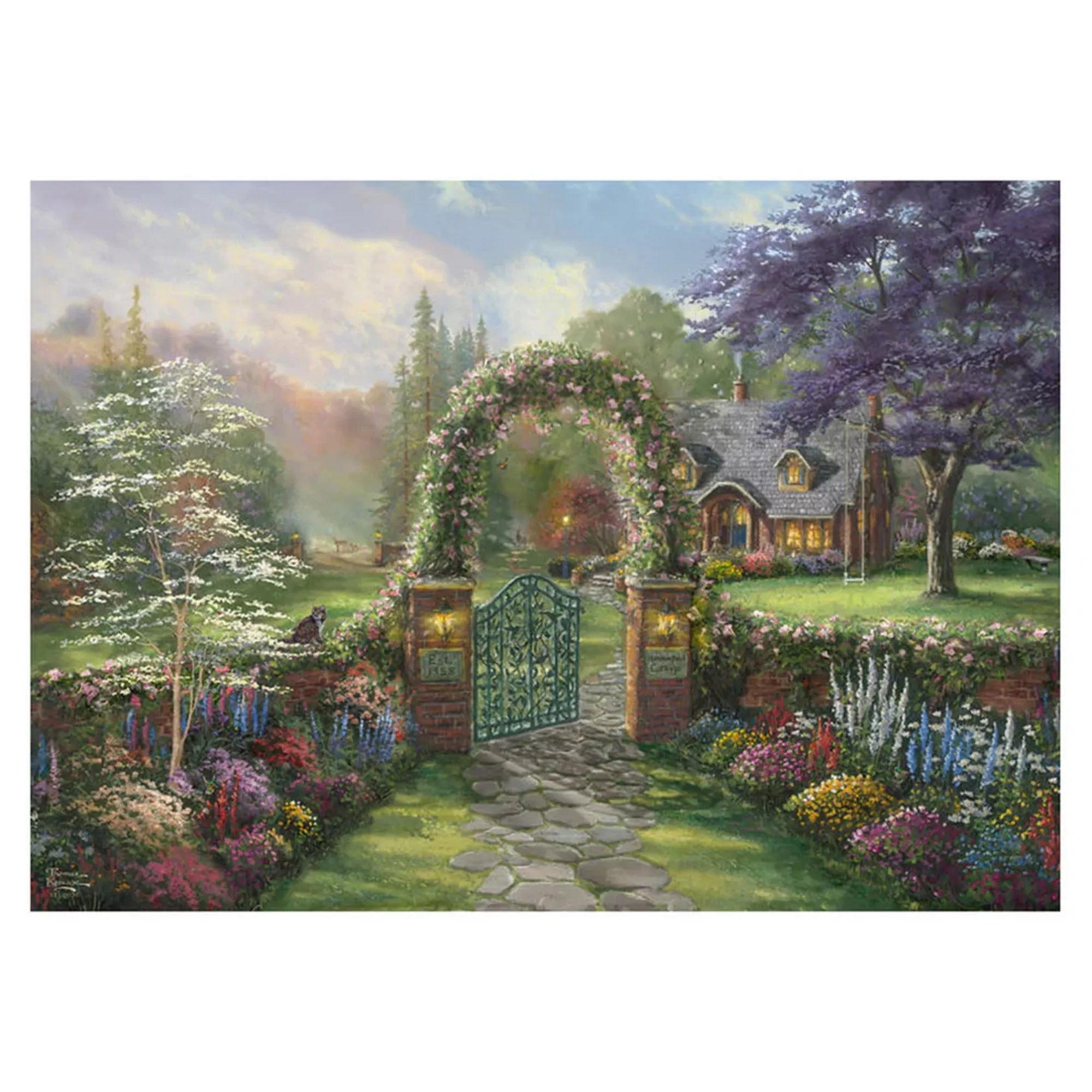 Thomas Kinkade Hummingbird Cottage puzzle illusztráció, idilli kertkapu virágos boltívvel, kanyargó kőösvénnyel és barátságos vidéki házzal, festményszerű, részletgazdag tájkép.