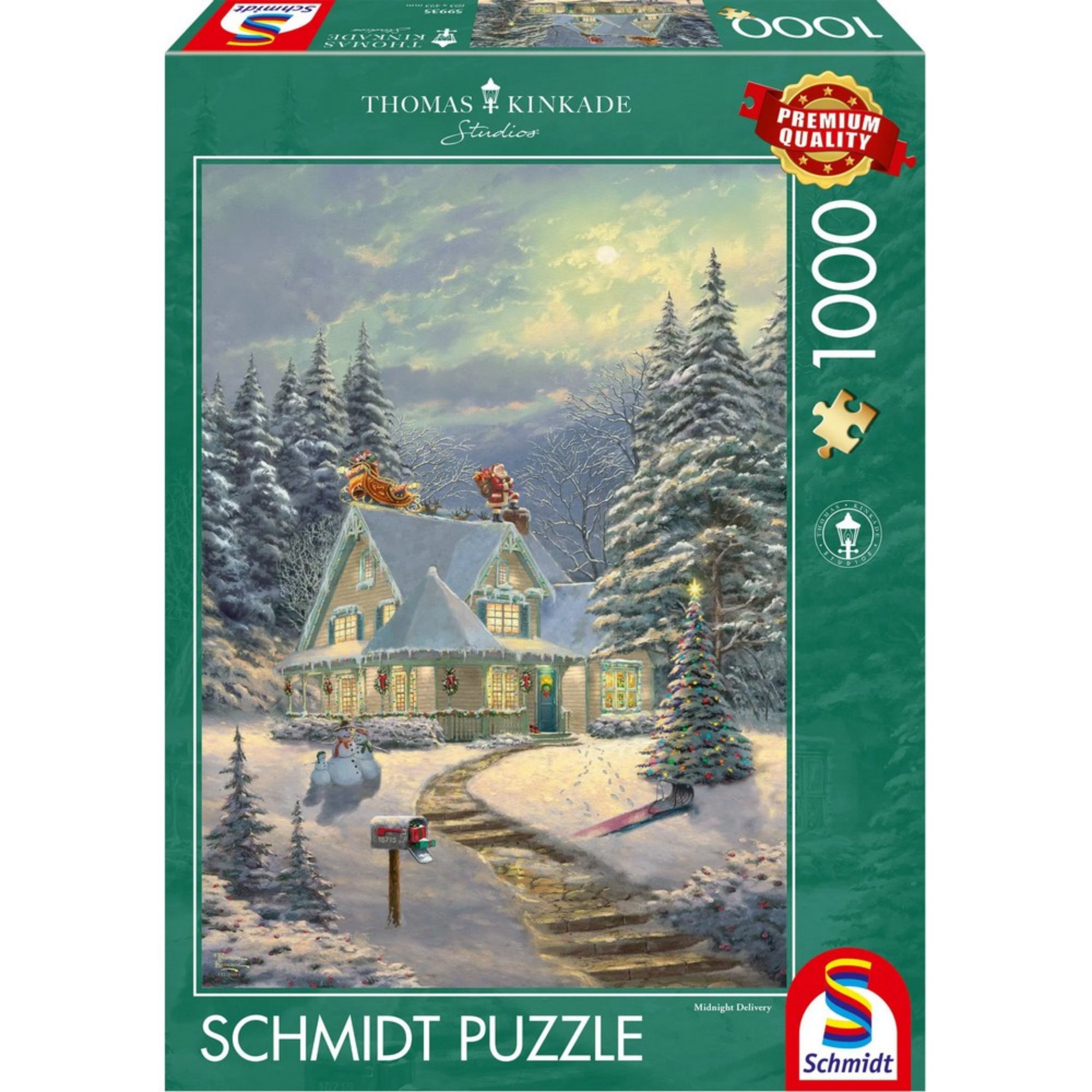 Schmidt puzzle doboz Thomas Kinkade 'Karácsony estéjén' című festményével, 1000 darabos prémium minőségű kirakó.