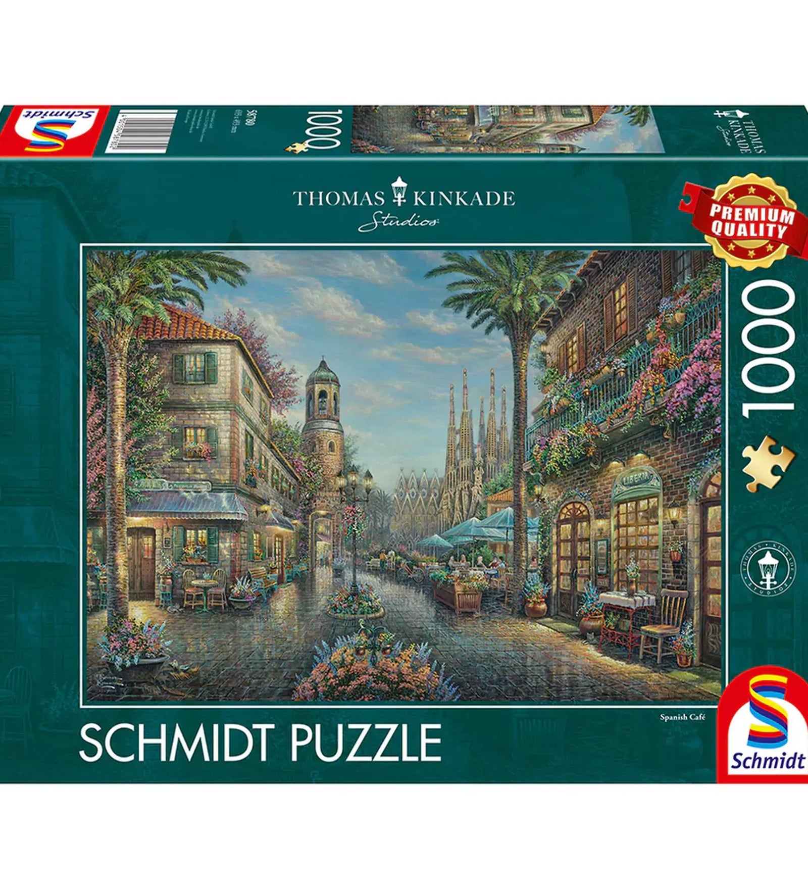 „Puzzle Schmidt: Thomas Kinkade – Spanyol kávézó – 1000 darabos puzzle doboza, amely egy festői mediterrán utcarészletet ábrázol.”