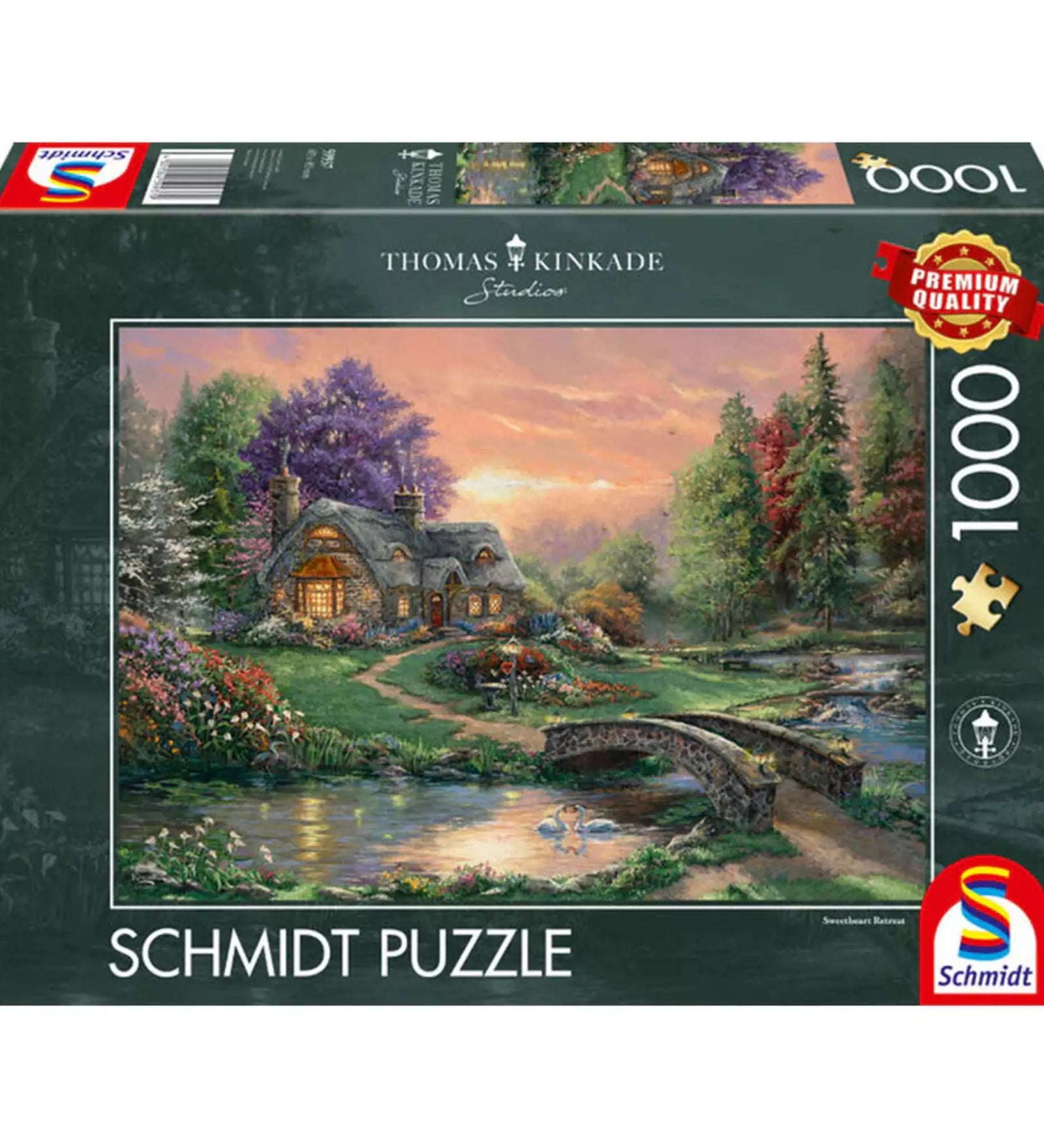 Schmidt Puzzle 1000 db – Thomas Kinkade Szerelmesek kuckója doboz, romantikus erdei házikó festménnyel.