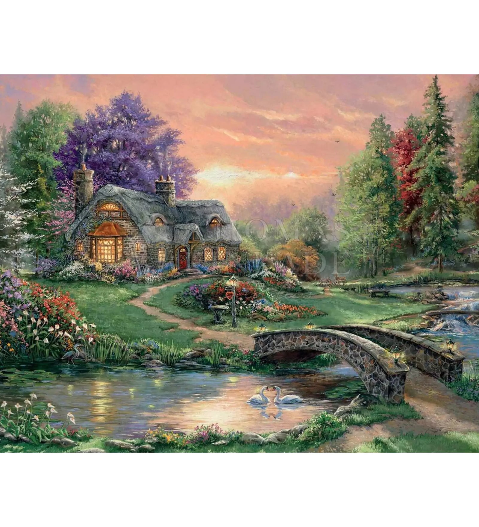 Schmidt Puzzle – Thomas Kinkade Szerelmesek kuckója, festői táj házikóval, virágokkal, kőhíddal és hattyúkkal a tóban.