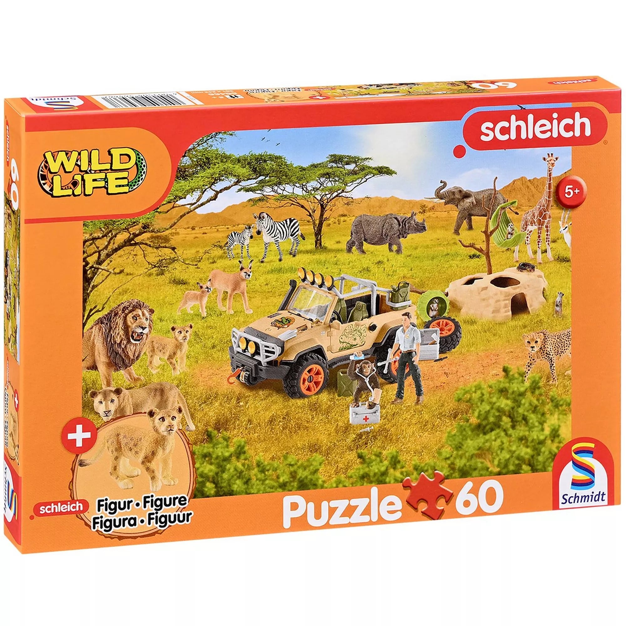 Schleich Wild Life 60 darabos puzzle doboza, amely afrikai szavannai jelenetet ábrázol oroszlánokkal, zebrákkal, elefánttal, zsiráffal, terepjáróval és állatgondozó figurával, 5 éves kortól ajánlva.