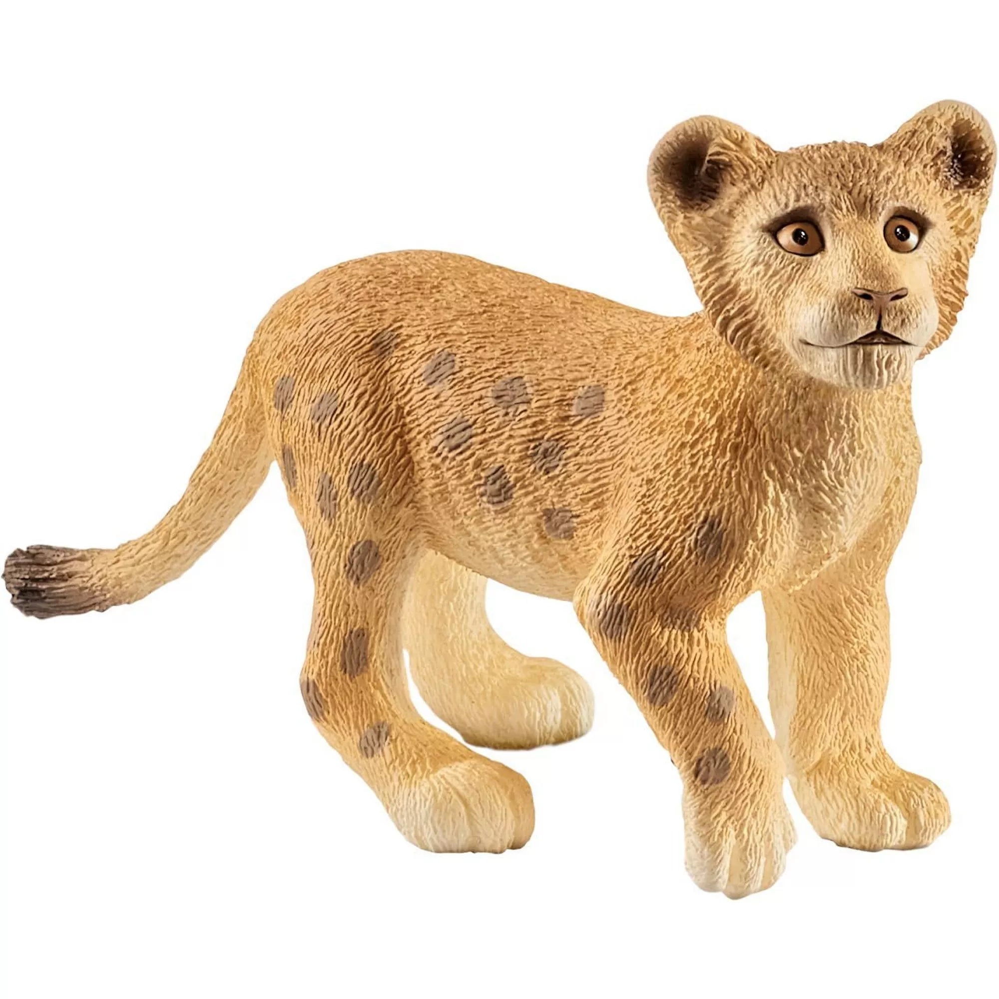 Schleich oroszlánkölyök figura közeli nézetben, részletgazdag szőrmintával és természetes testtartással, a Wild Life puzzle egyik kiemelt állatfigurája fehér háttéren.