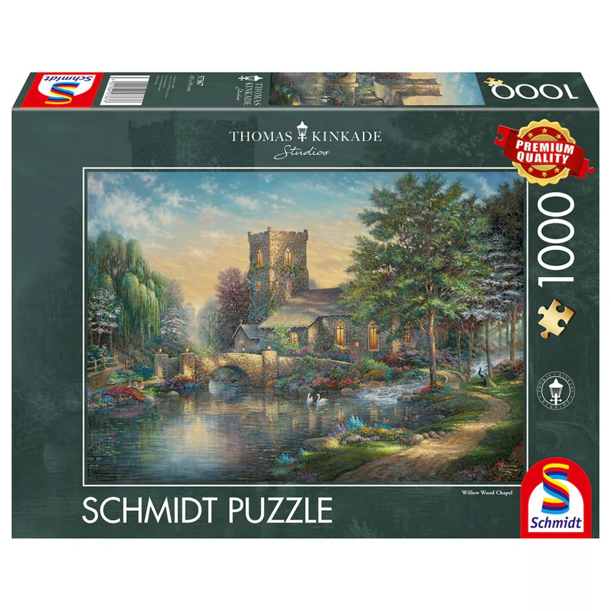„Puzzle Schmidt: Thomas Kinkade – A fűzfás kápolna 1000 darabos puzzle doboza, a kápolnával, kőhíddal és tóparti tájjal.”