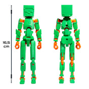 3D Robotfigura R13: Minecraft típus, zöld-narancssárga – Hát- és elölnézeti kép a 16,5 cm magas, teljesen mozgatható figuráról.