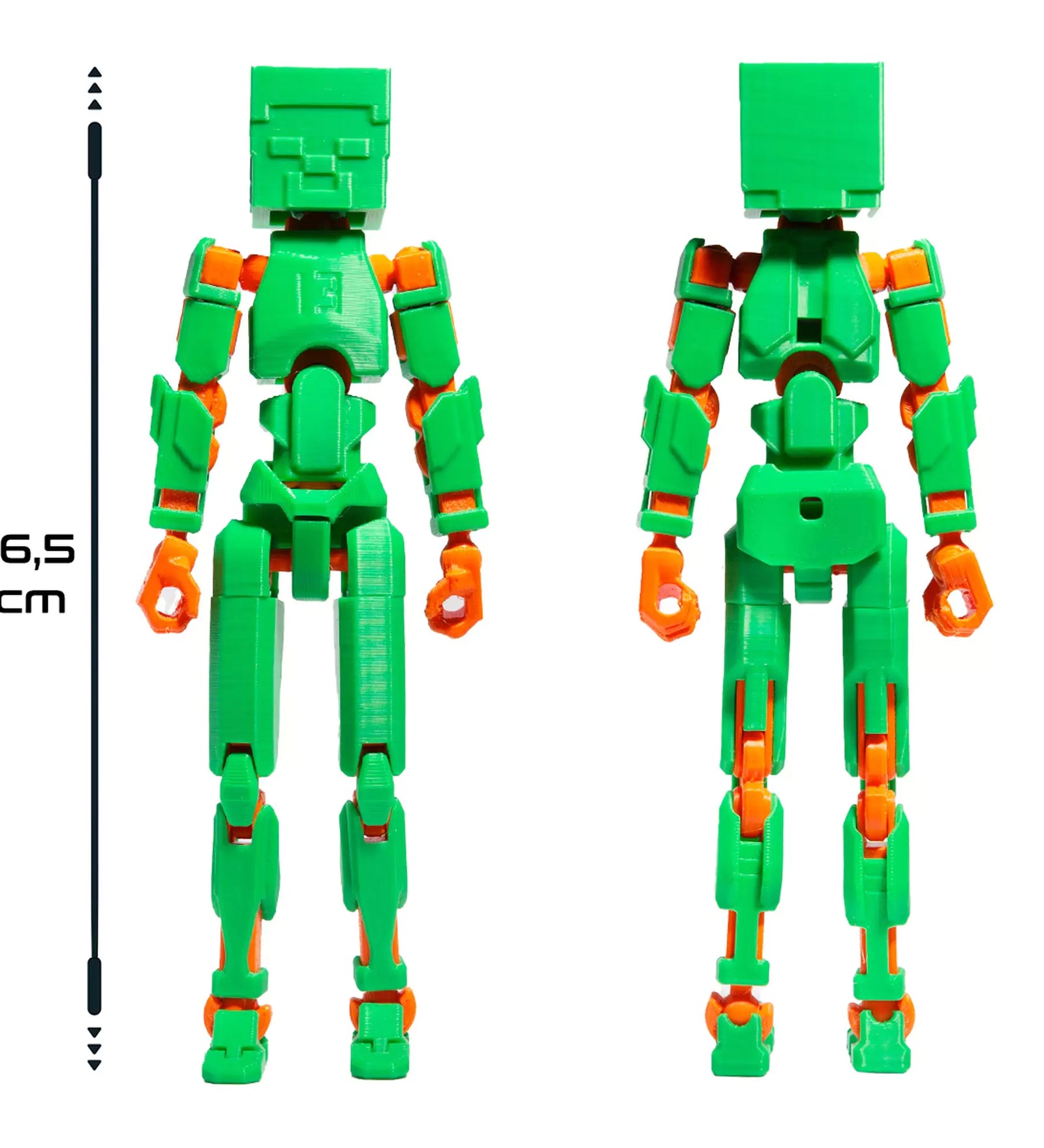 3D Robotfigura R13: Minecraft típus, zöld-narancssárga – Hát- és elölnézeti kép a 16,5 cm magas, teljesen mozgatható figuráról.
