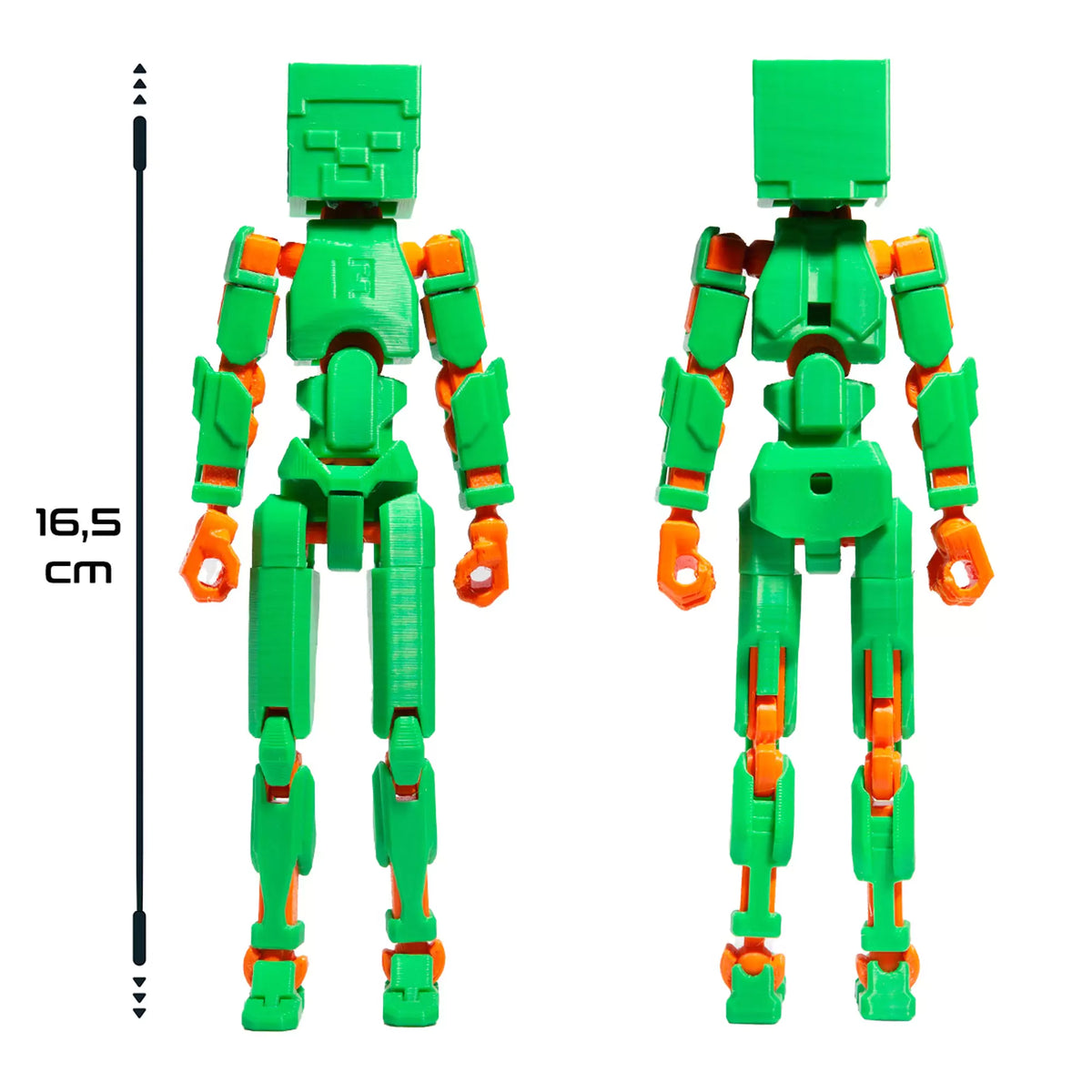 3D Robotfigura R13: Minecraft típus, zöld-narancssárga – Hát- és elölnézeti kép a 16,5 cm magas, teljesen mozgatható figuráról.
