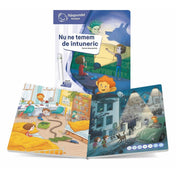 A „Nem félünk a sötéttől” könyv két illusztrált oldala: bal oldalon a gyerekszoba, jobb oldalon az esti utcakép a szereplőkkel.