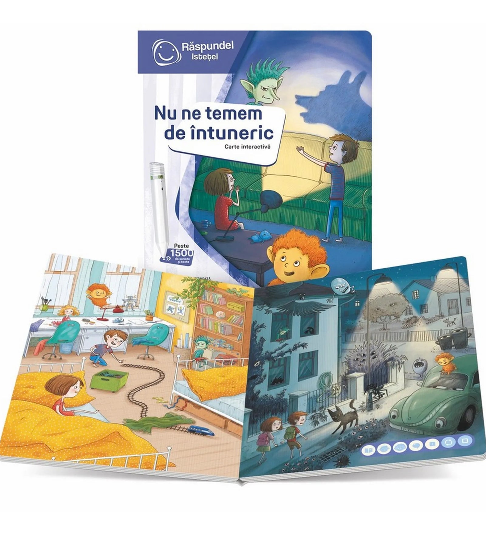 Nu ne temem de întuneric interaktív gyerekkönyv belső oldalpárja, nappali és éjszakai jelenetekkel, félelmeket feldolgozó színes illusztrációkkal.