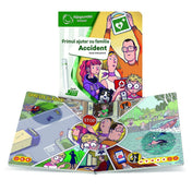 Interaktív Elsősegély a Baleset családdal könyv nyitott oldalpárja, illusztrált baleseti helyzetekkel, segélyhívással és oktató elsősegély-jelenetekkel.