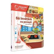 Răspundel Istețel: Să învățăm cu Povești - Interaktív könyv borítója, színes illusztrációkkal és gyerekeknek szóló tanulási tevékenységekkel.