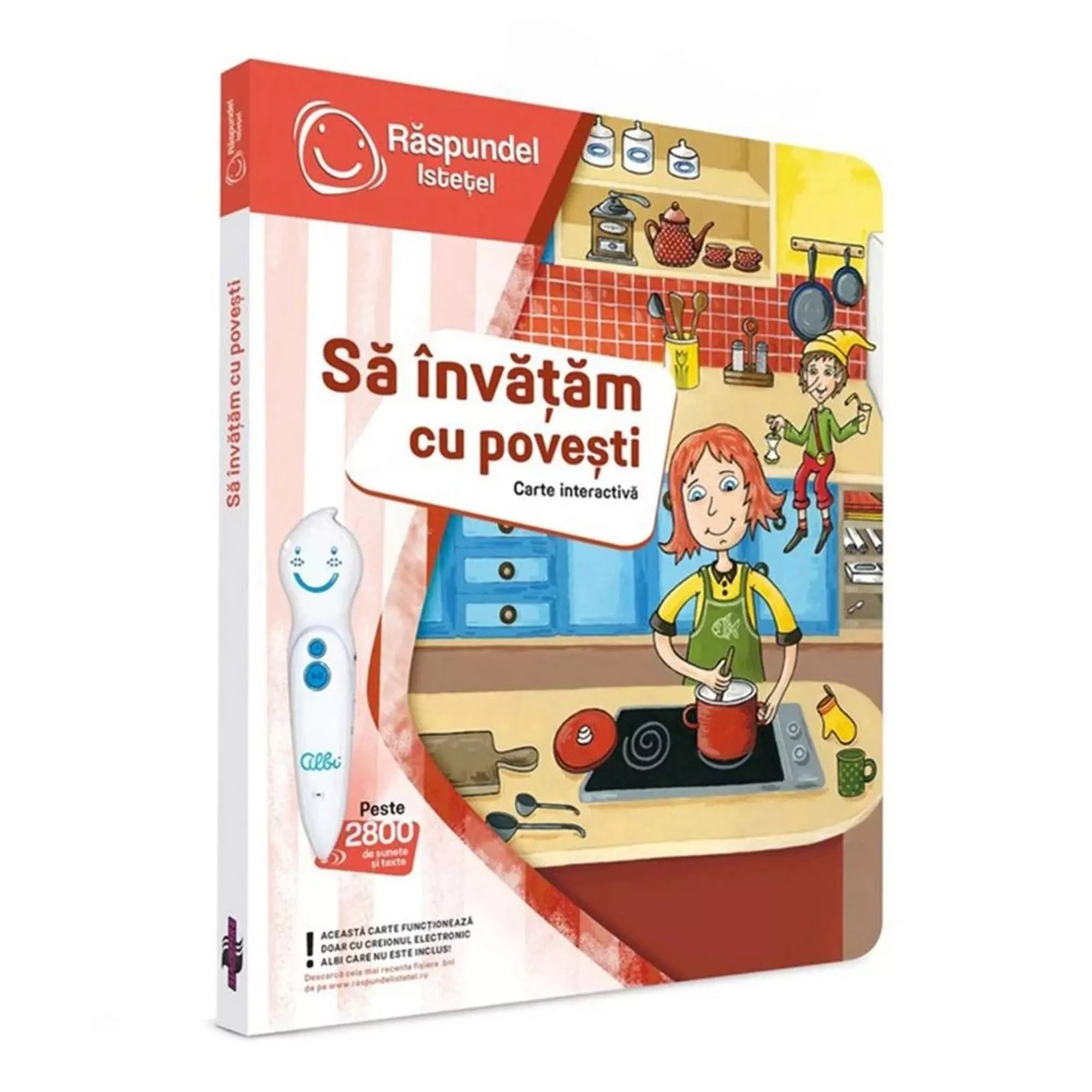 Răspundel Istețel: Să învățăm cu Povești - Interaktív könyv borítója, színes illusztrációkkal és gyerekeknek szóló tanulási tevékenységekkel.