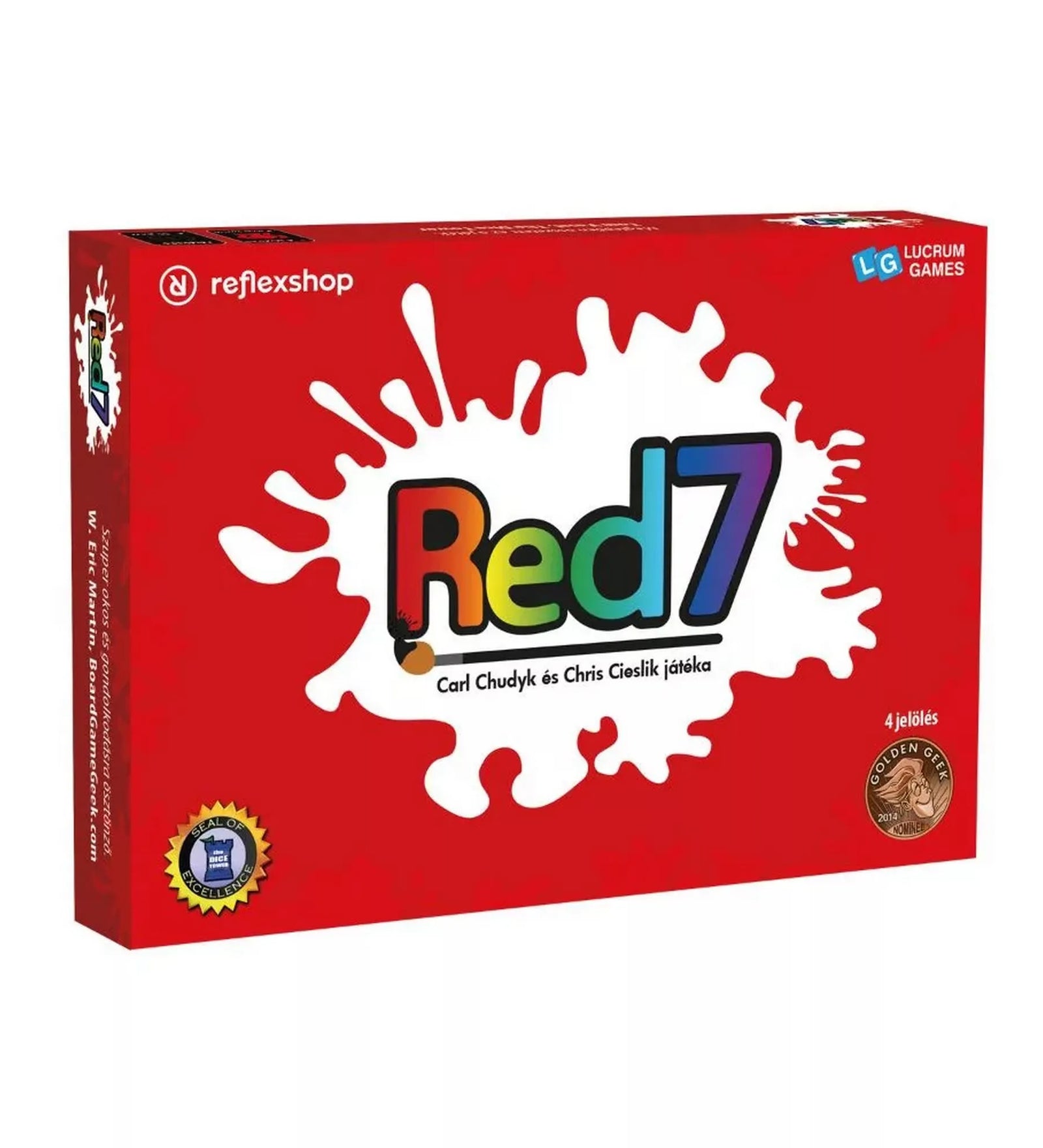 Red7 magyar nyelvű társasjáték piros doboza fehér festékfolt mintával és színes Red7 logóval.