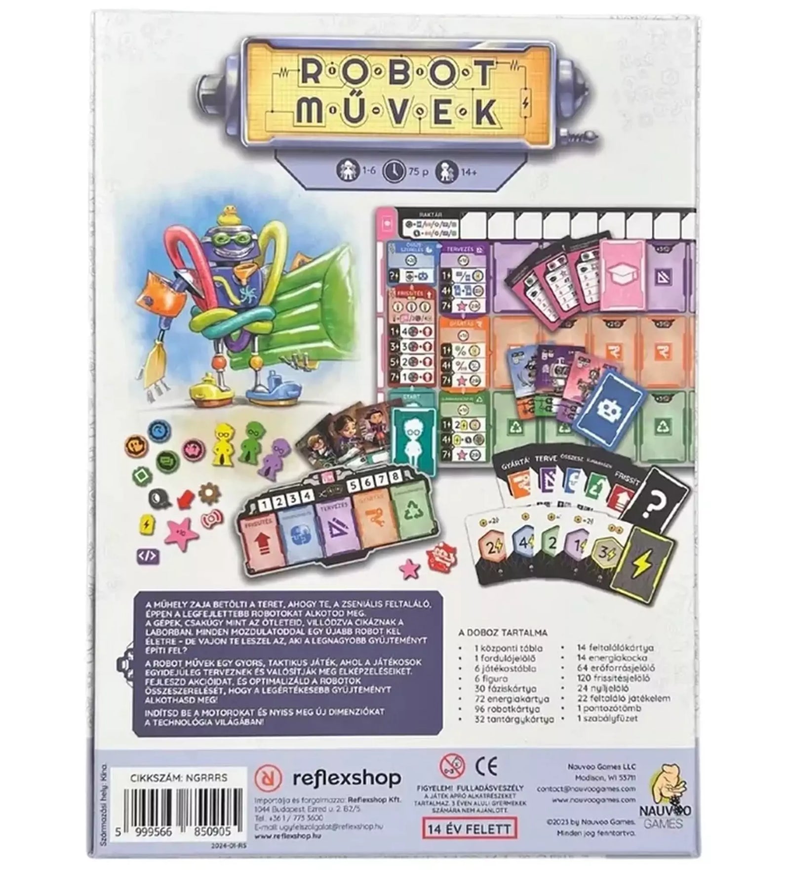 A Robot Művek társasjáték hátoldala, amely a játékszabályokat és az összetevőket ismerteti, színes illusztrációkkal és információkkal.