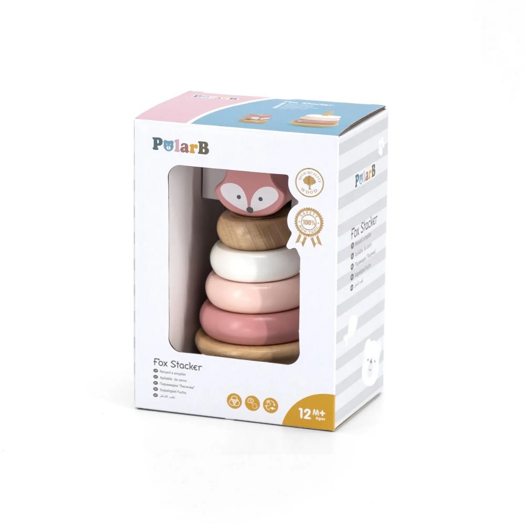 A Rókás rakosgató, PolarB, Viga játék doboza elölről, benne a pasztell karikatorony és a rókafej figura jól láthatóan.