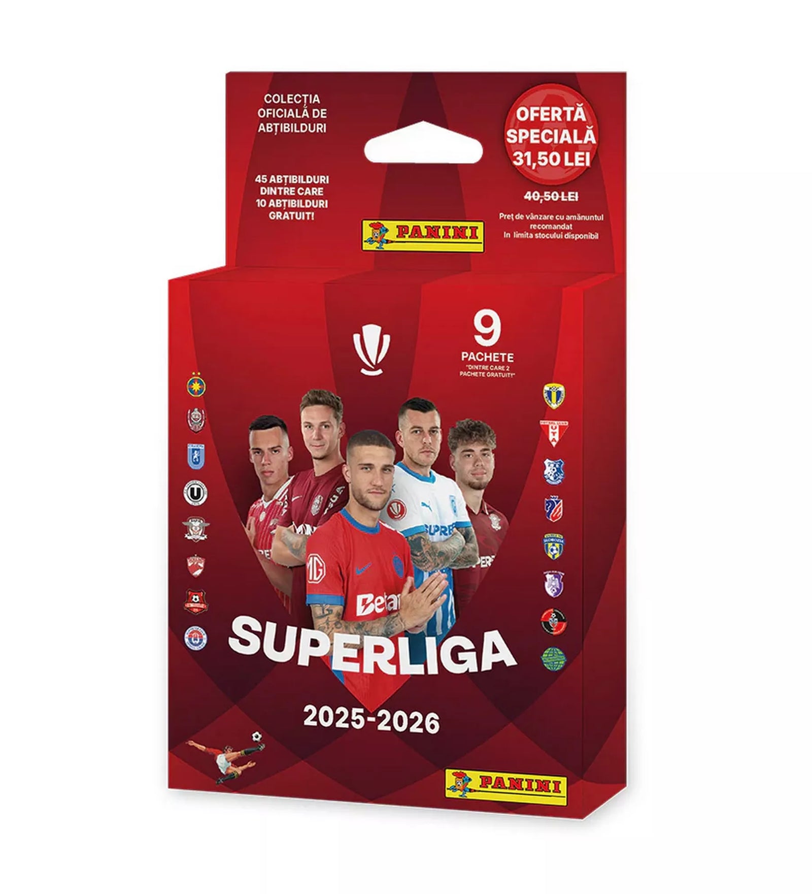 Panini Superliga Románia 2025–2026 Ecoblister matrica szett, 9 csomaggal, hivatalos futballgyűjtemény piros csomagolásban.