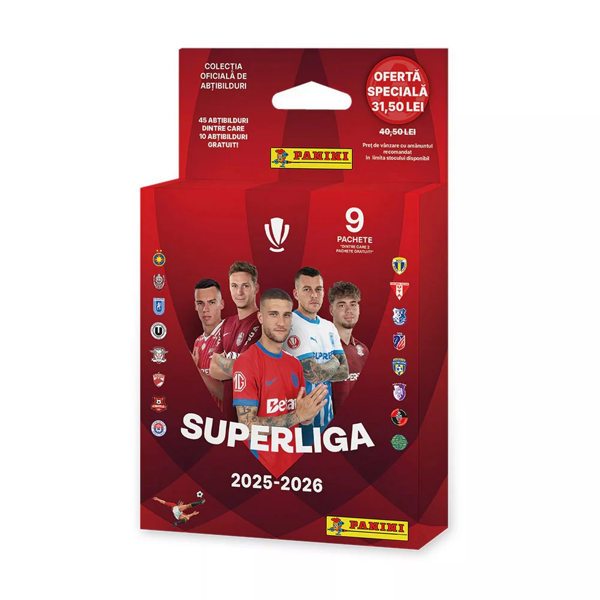 Panini Superliga Románia 2025–2026 Ecoblister matrica szett, 9 csomaggal, hivatalos futballgyűjtemény piros csomagolásban.