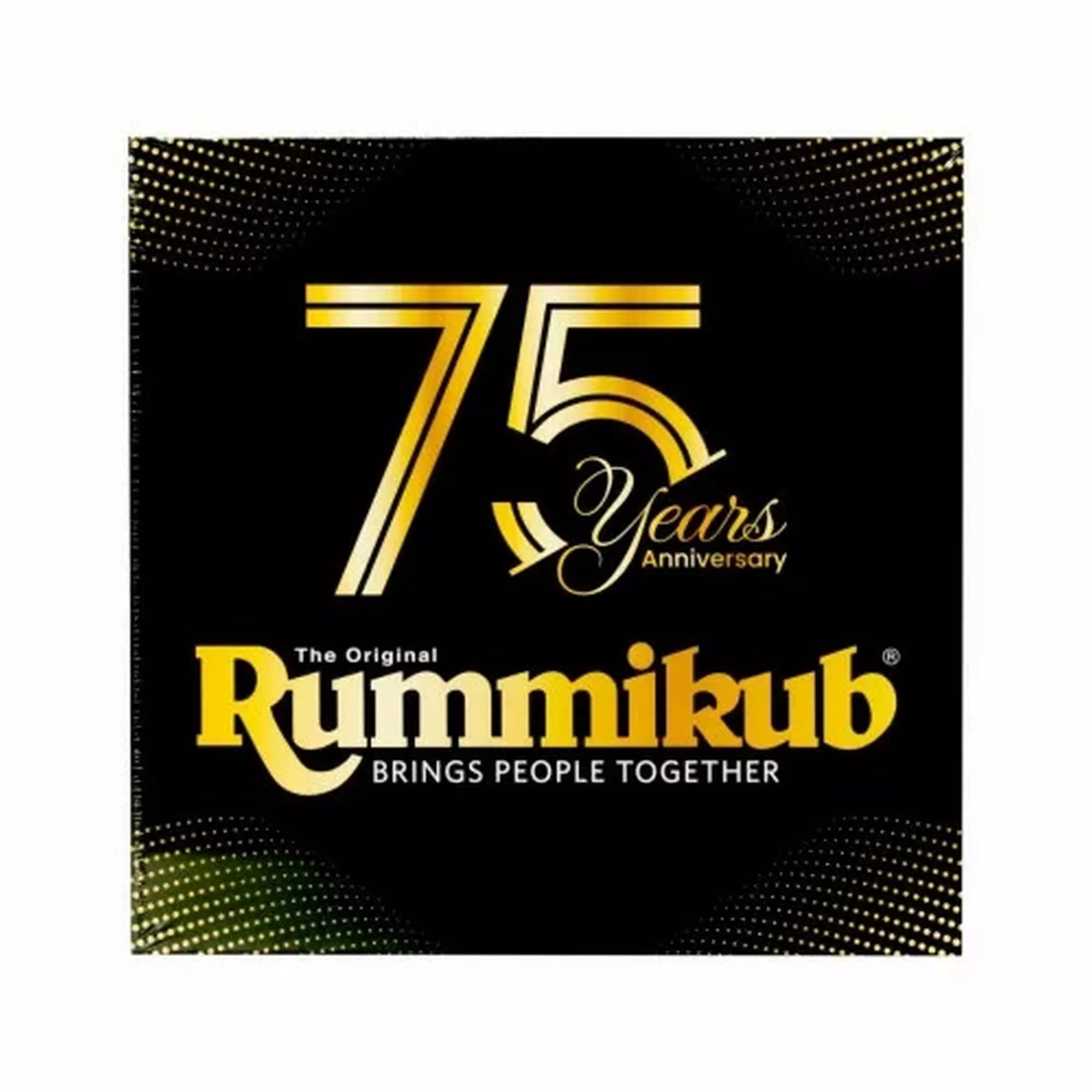 Rummikub 75 éves jubileumi kiadás dobozborítója fekete-arany dizájnnal, „75 Years Anniversary” felirattal és a Brings People Together szlogennel