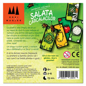 Salata Carcalacilor társasjáték hátoldala román nyelvű játékleírással, kártyapéldákkal és játékadatokkal.