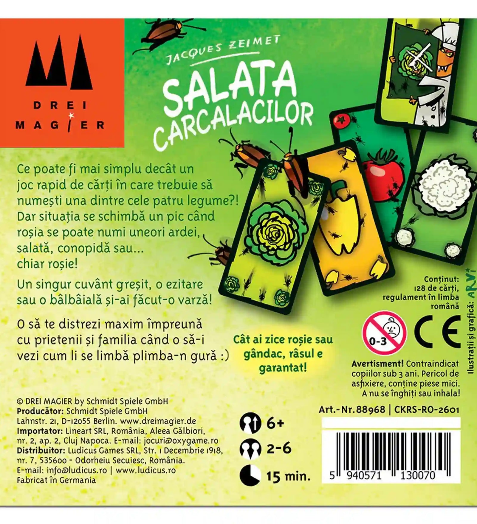 Salata Carcalacilor társasjáték hátoldala román nyelvű játékleírással, kártyapéldákkal és játékadatokkal.