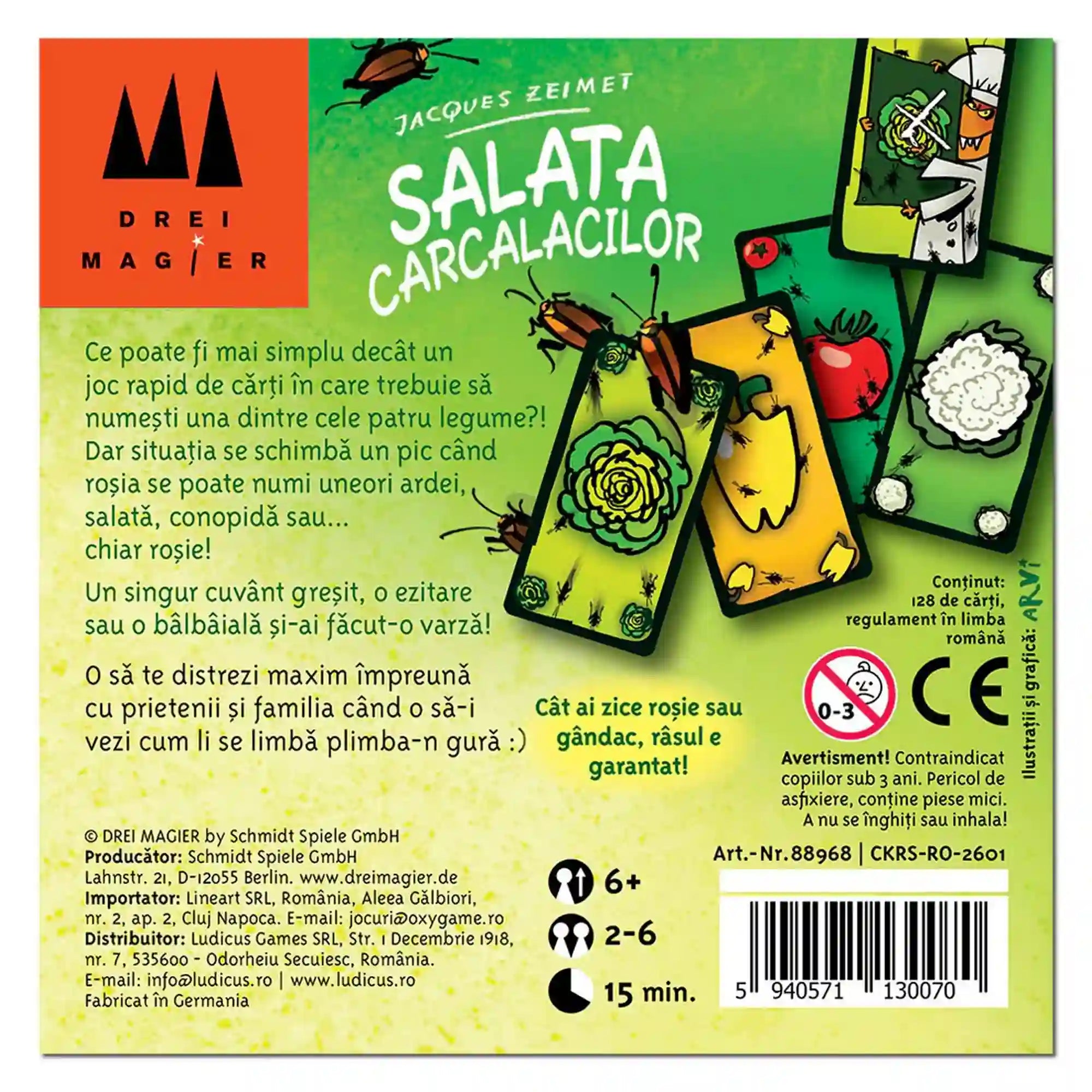 Salata Carcalacilor társasjáték hátoldala román nyelvű játékleírással, kártyapéldákkal és játékadatokkal.