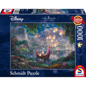 A Schmidt Disney Rapunzel 1000 darabos puzzle doboza Thomas Kinkade festményével, Rapunzellel és Flynn-nel a lampionok fényében.