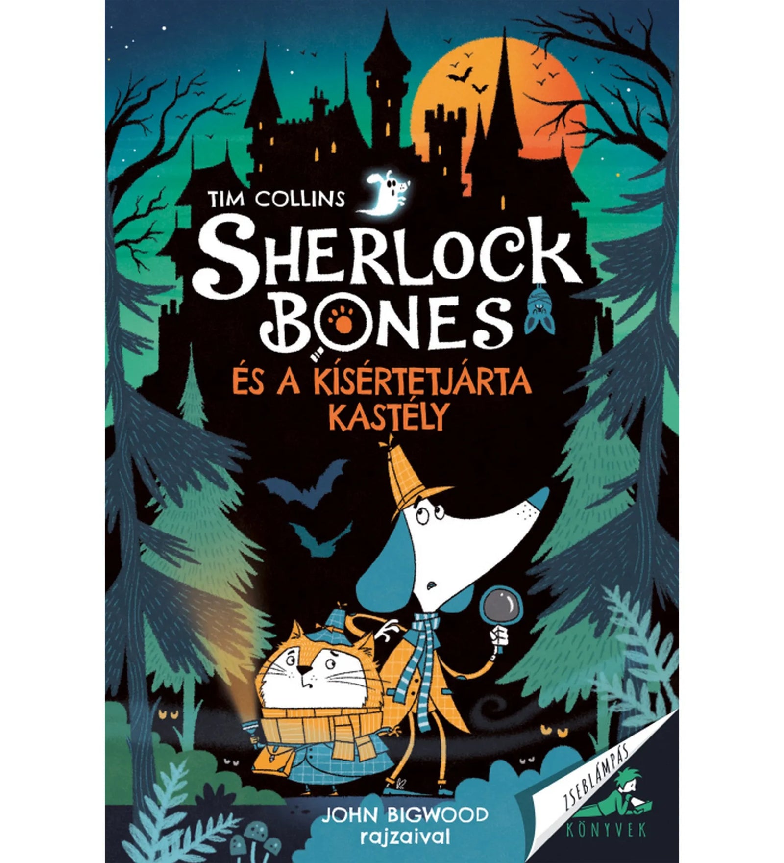 A „Sherlock Bones és a kísértetjárta kastély” könyv borítója: a háttérben egy sötét, félelmetes kastély áll a telihold fényében, denevérekkel az égen. Előtérben Sherlock Bones, a nyomozó kutya és társa, dr. Catson, a macska látható, detektívruhában, nagyítóval a kezükben. A borító hangulata sejtelmes és kalandos.