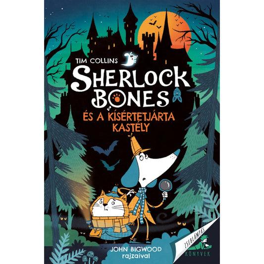 A „Sherlock Bones és a kísértetjárta kastély” könyv borítója: a háttérben egy sötét, félelmetes kastély áll a telihold fényében, denevérekkel az égen. Előtérben Sherlock Bones, a nyomozó kutya és társa, dr. Catson, a macska látható, detektívruhában, nagyítóval a kezükben. A borító hangulata sejtelmes és kalandos.
